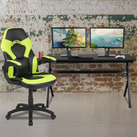 Flash Furniture BLN-X10D1904L-GN-GG Gaming Desk and Green/Black Racing Chair Set /Cup Holder/Headphone Hook/Removable Mouse Pad Top - 2 Wire Management Holes